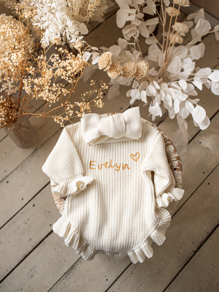 Written in Thread Long Sleeve Frill Romper - Milk