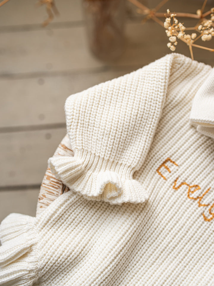Written in Thread Long Sleeve Frill Romper - Milk