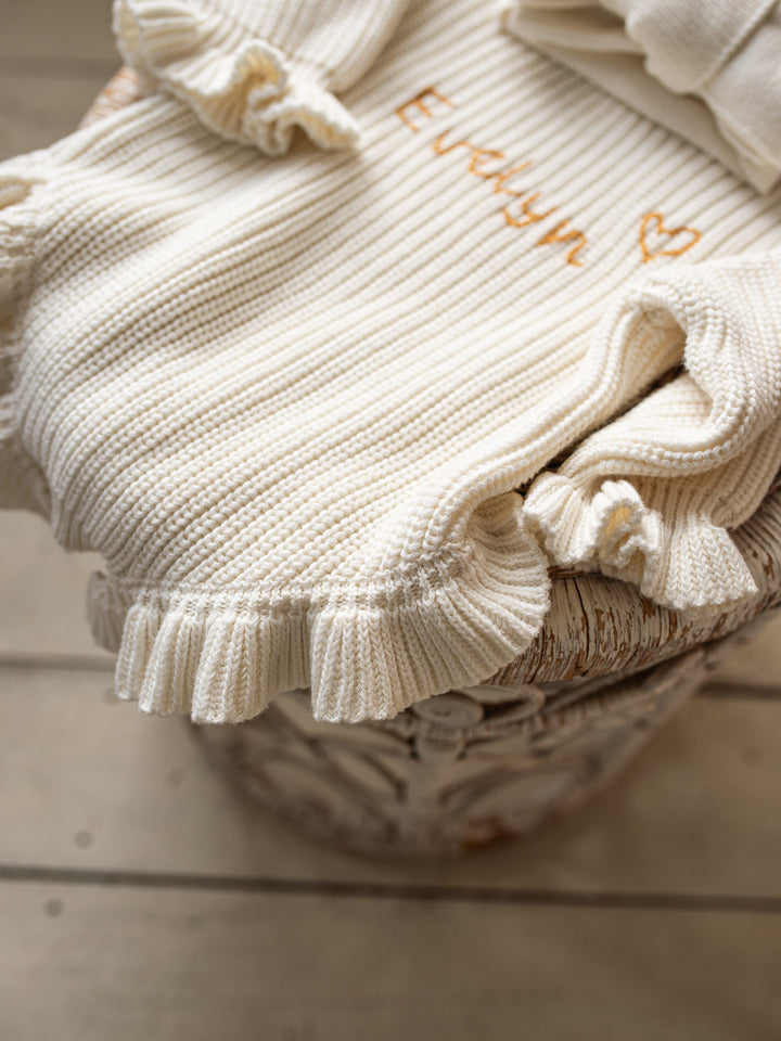 Written in Thread Long Sleeve Frill Romper - Milk