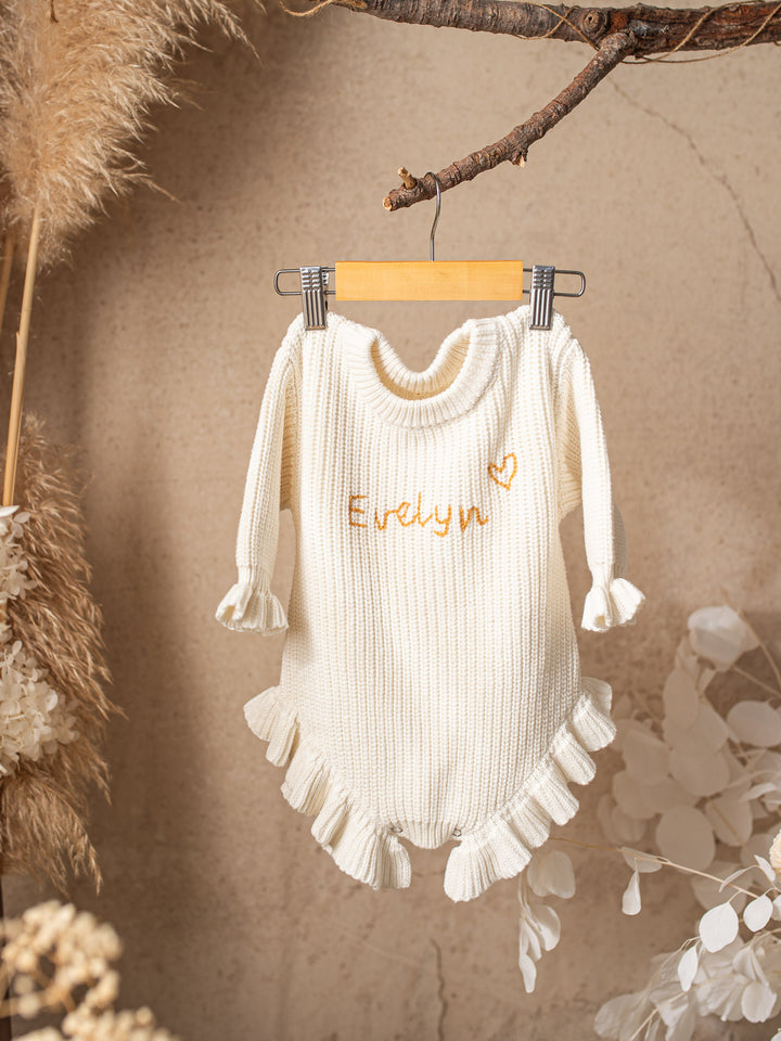 Written in Thread Long Sleeve Frill Romper - Milk