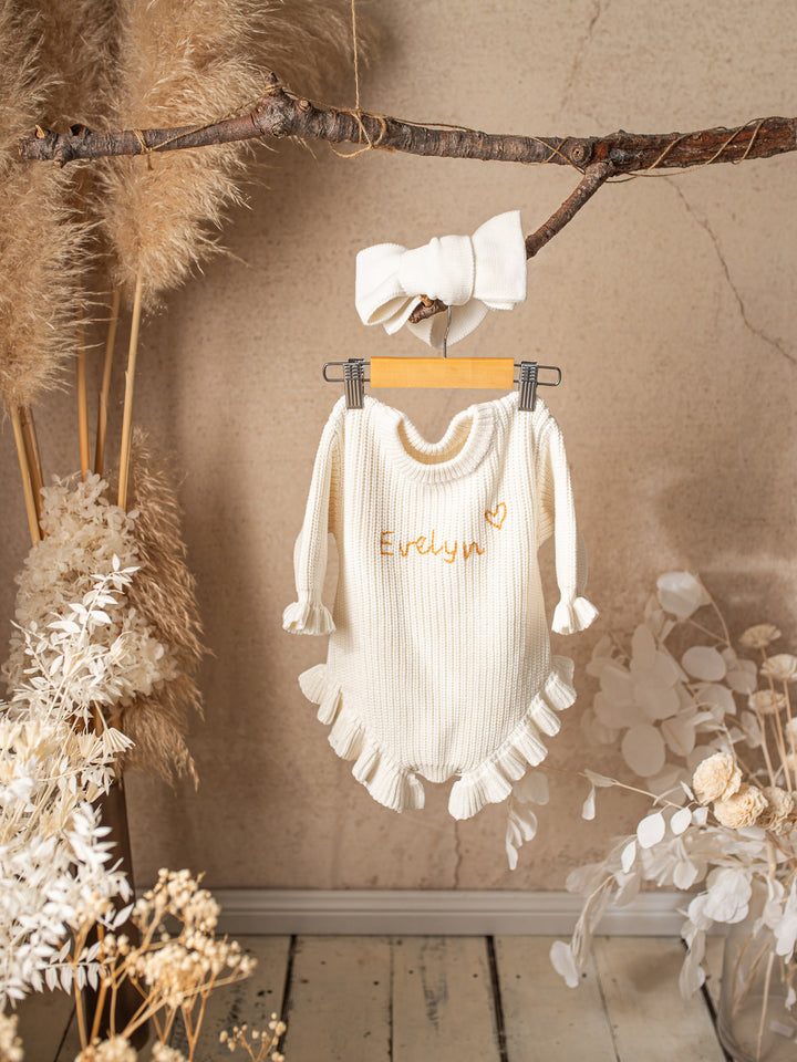 Written in Thread Long Sleeve Frill Romper - Milk