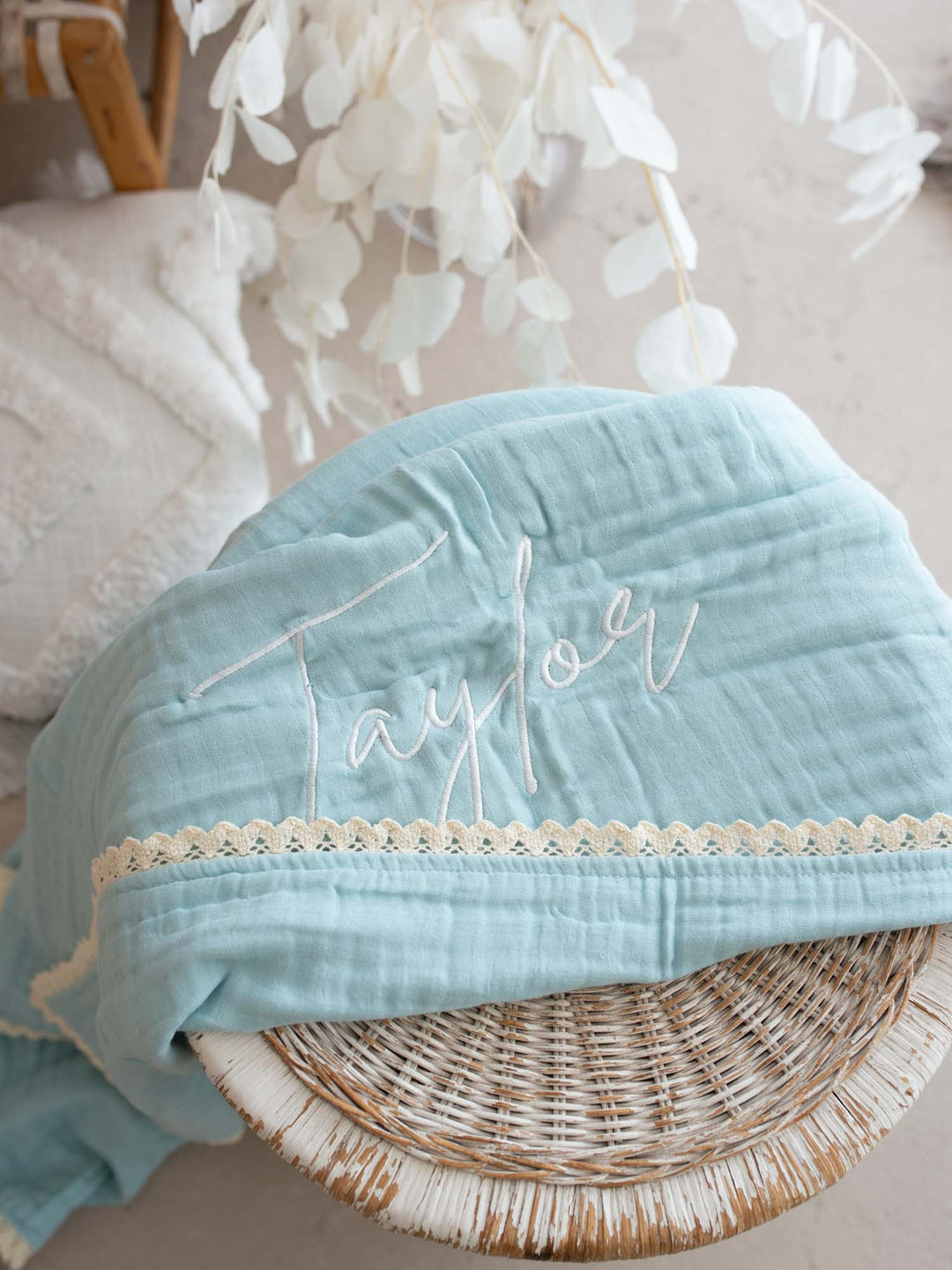 Lullaby Lace - Personalised Muslin Gauze Blanket - Sky Blue