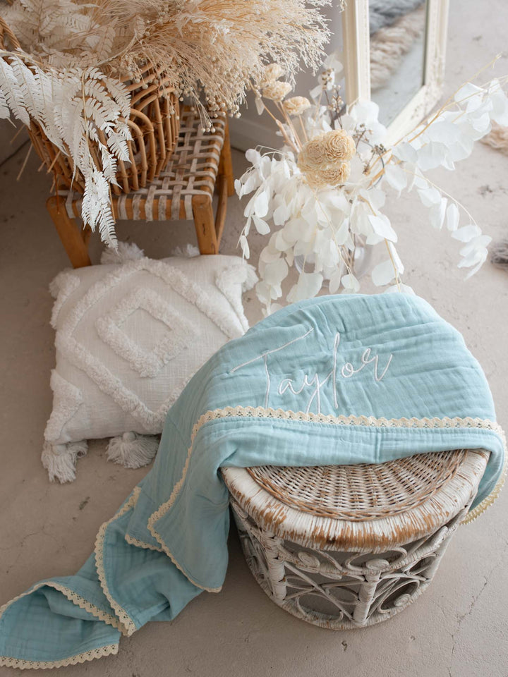 Lullaby Lace - Personalised Muslin Gauze Blanket - Sky Blue