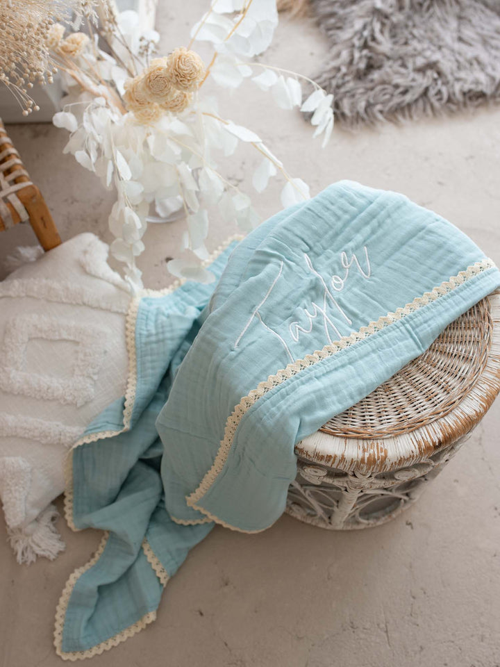 Lullaby Lace - Personalised Muslin Gauze Blanket - Sky Blue
