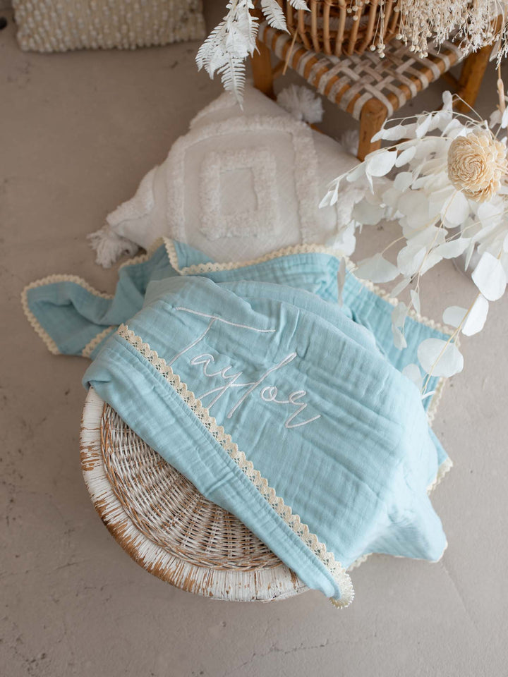 Lullaby Lace - Personalised Muslin Gauze Blanket - Sky Blue