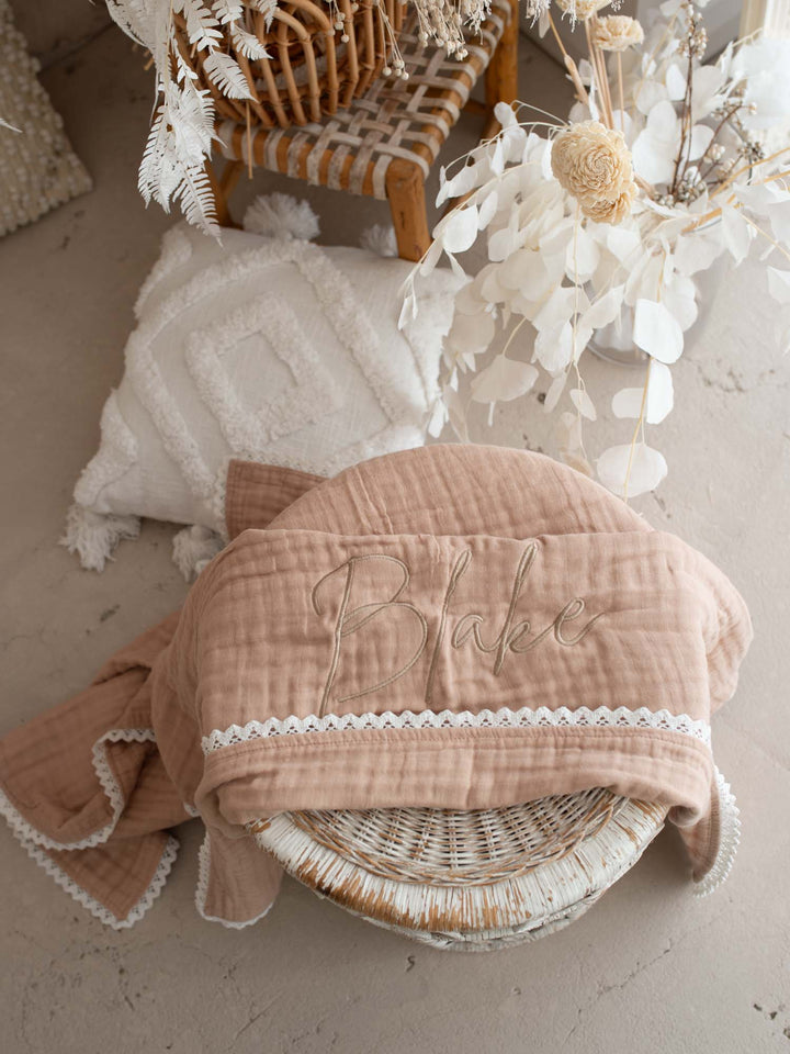Lullaby Lace - Personalised Muslin Gauze Blanket - Tan