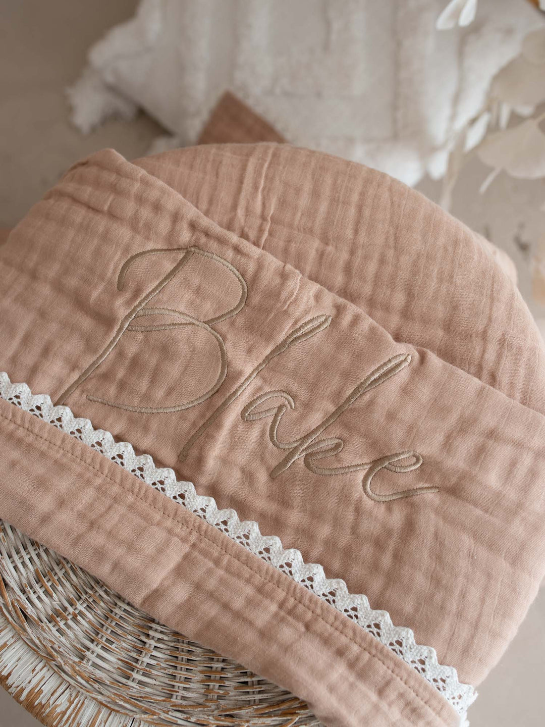 Lullaby Lace - Personalised Muslin Gauze Blanket - Tan