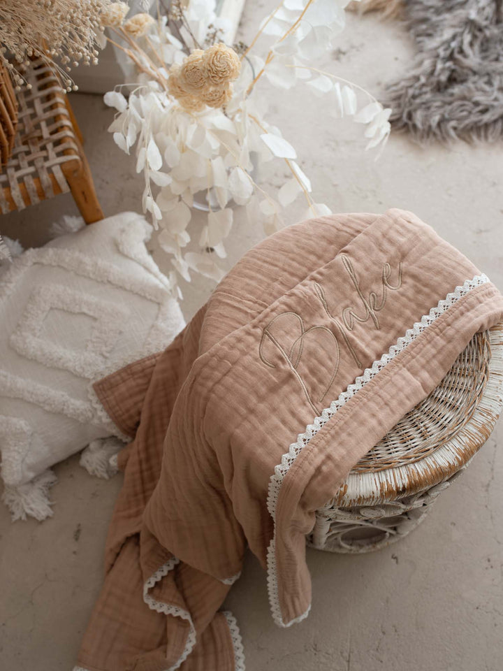 Lullaby Lace - Personalised Muslin Gauze Blanket - Tan