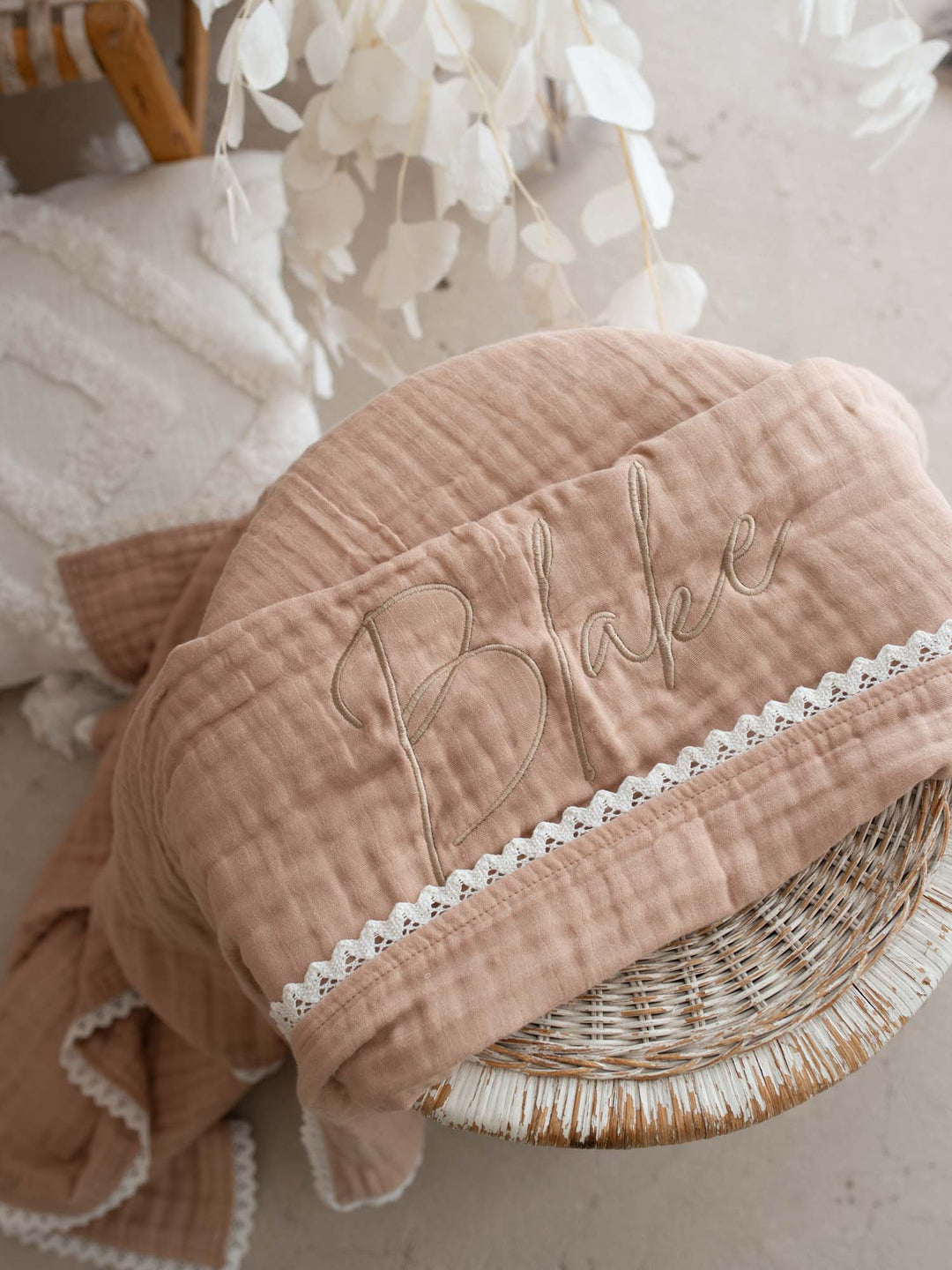 Lullaby Lace - Personalised Muslin Gauze Blanket - Tan