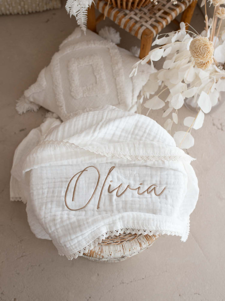 Lullaby Lace - Personalised Muslin Gauze Blanket - White