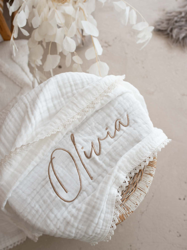 Lullaby Lace - Personalised Muslin Gauze Blanket - White