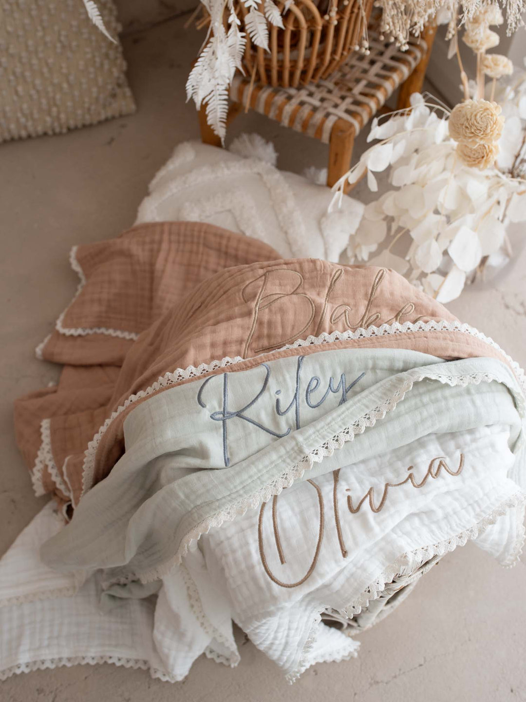 Lullaby Lace - Personalised Muslin Gauze Blanket - White