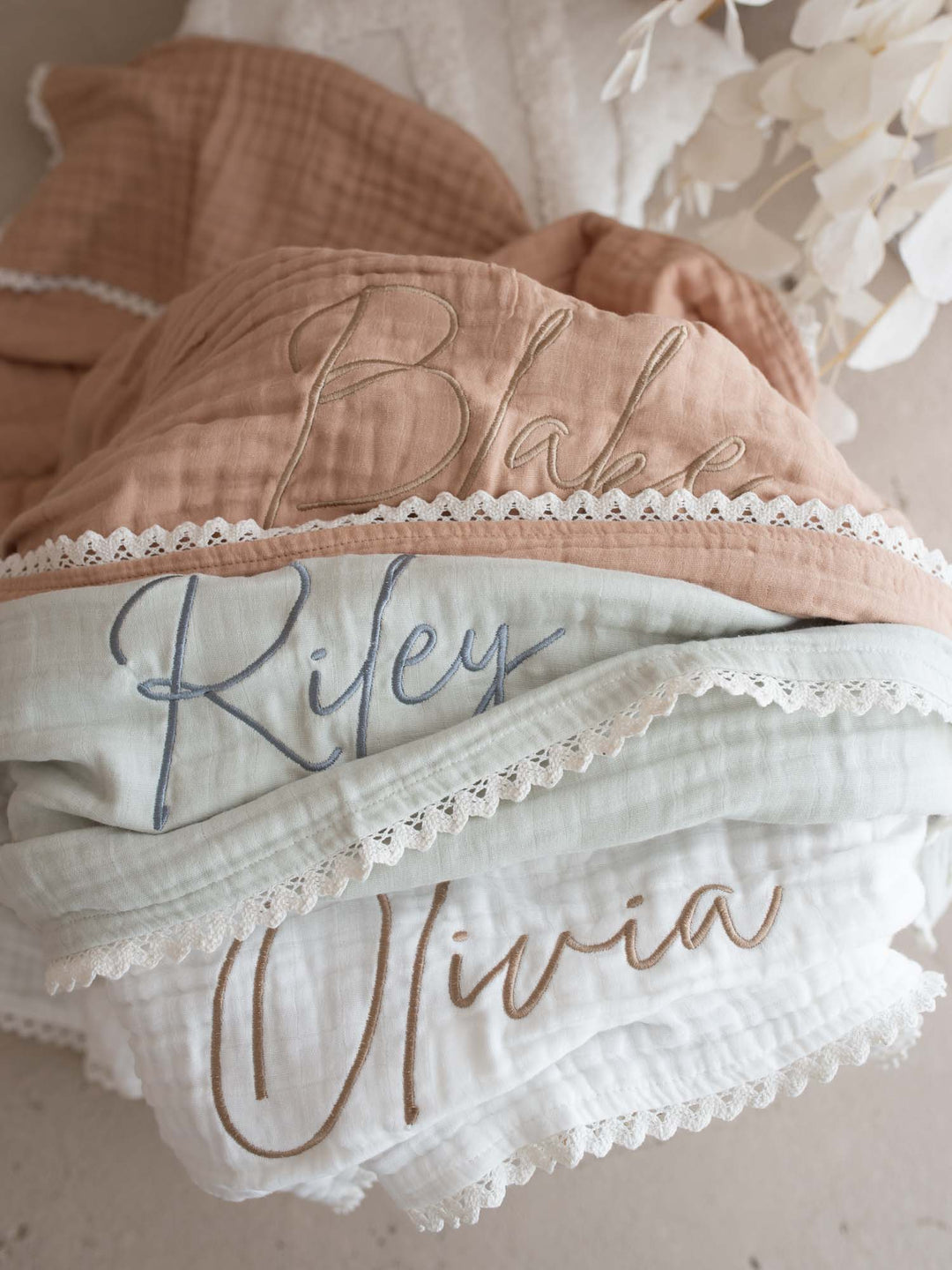 Lullaby Lace - Personalised Muslin Gauze Blanket - White