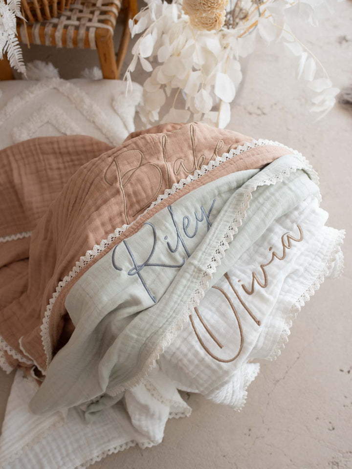 Lullaby Lace - Personalised Muslin Gauze Blanket - Seaform