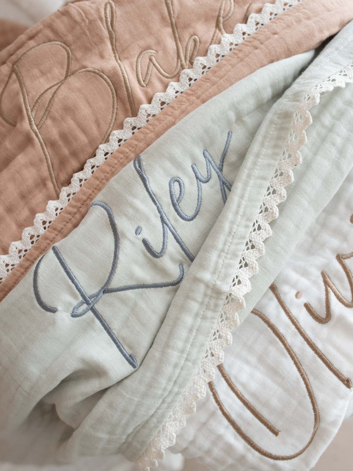Lullaby Lace - Personalised Muslin Gauze Blanket - White