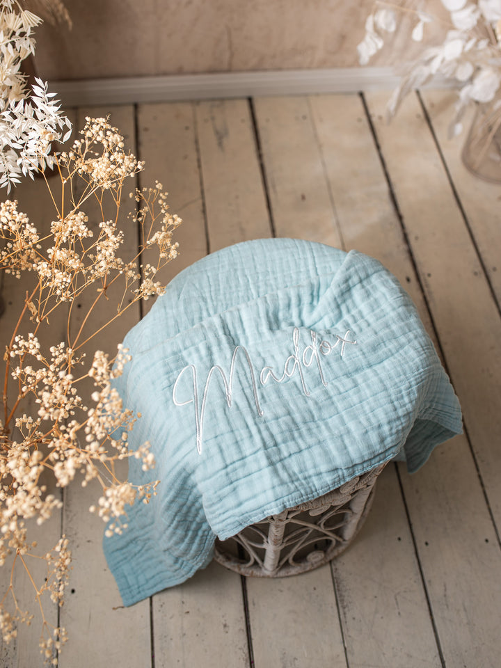 Lullaby - Personalised Muslin Gauze Blanket - Sky Blue