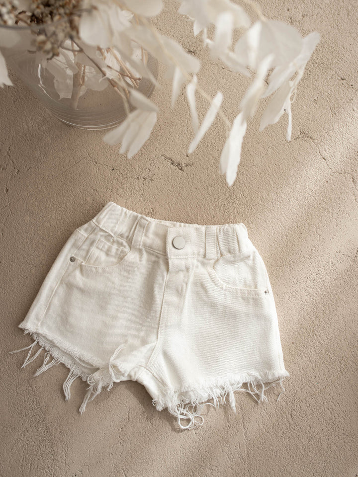 Harper Fringe Denim Shorts – White