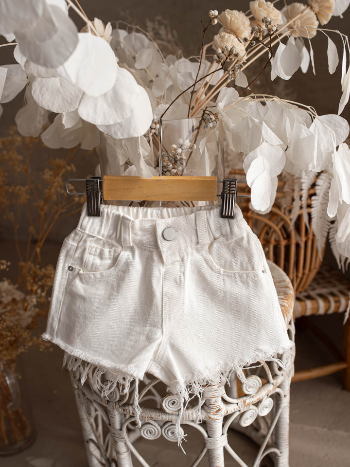 Harper Fringe Denim Shorts – White