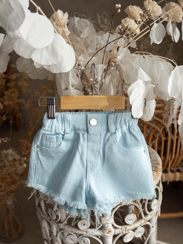 Harper Fringe Denim Shorts – Powder Blue
