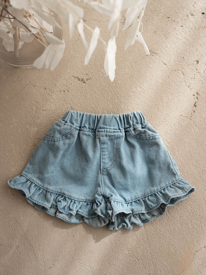Lennox Ruffle Denim Shorts – Vintage Blue