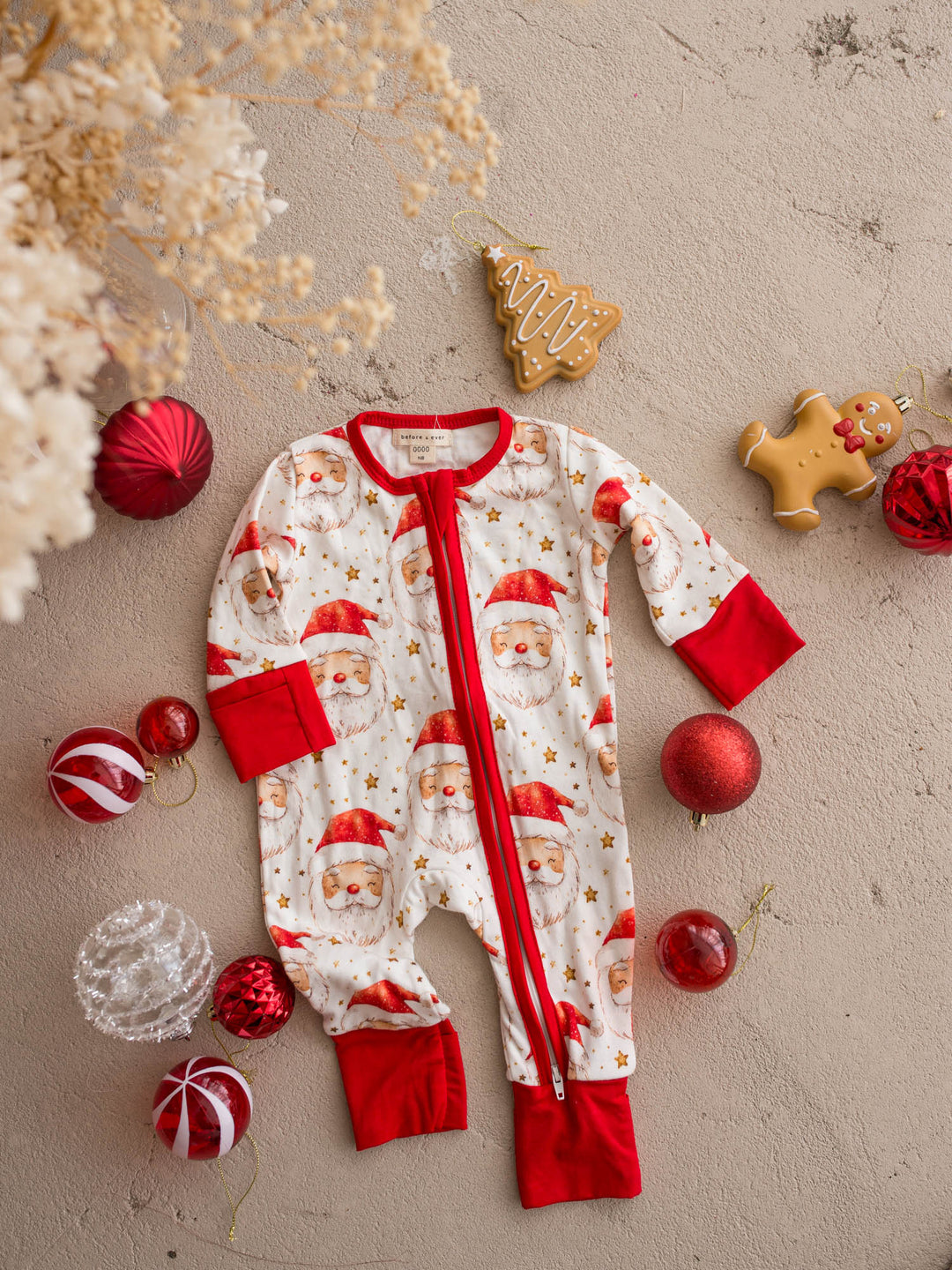 All I Wish Dear Santa baby onesie, watercolour Santa faces and gold stars on cream - Before & Ever Kids