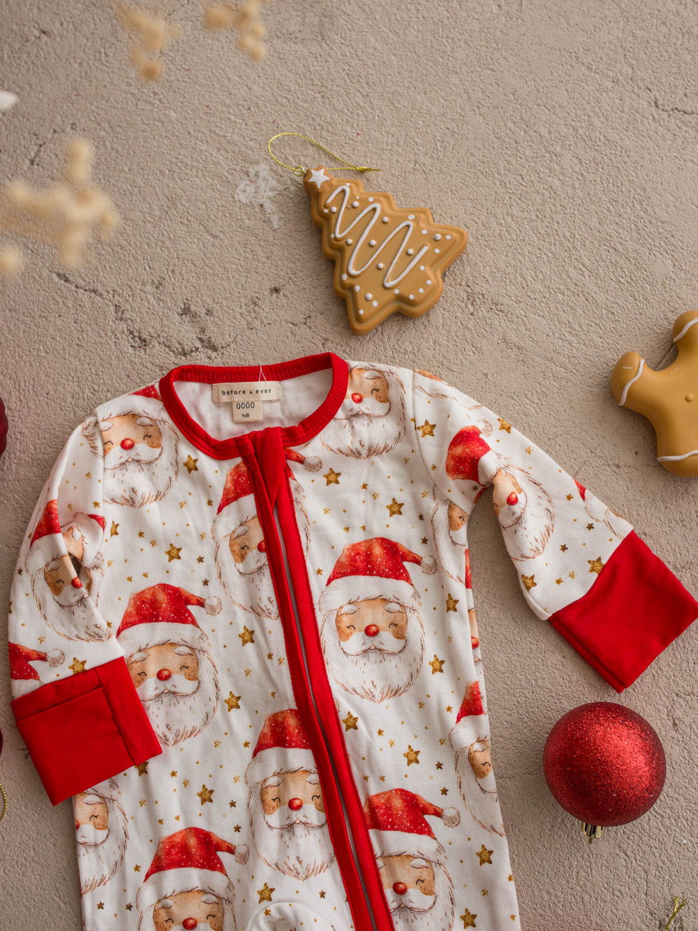 All I Wish Dear Santa baby onesie, watercolour Santa faces and gold stars on cream - Before & Ever Kids