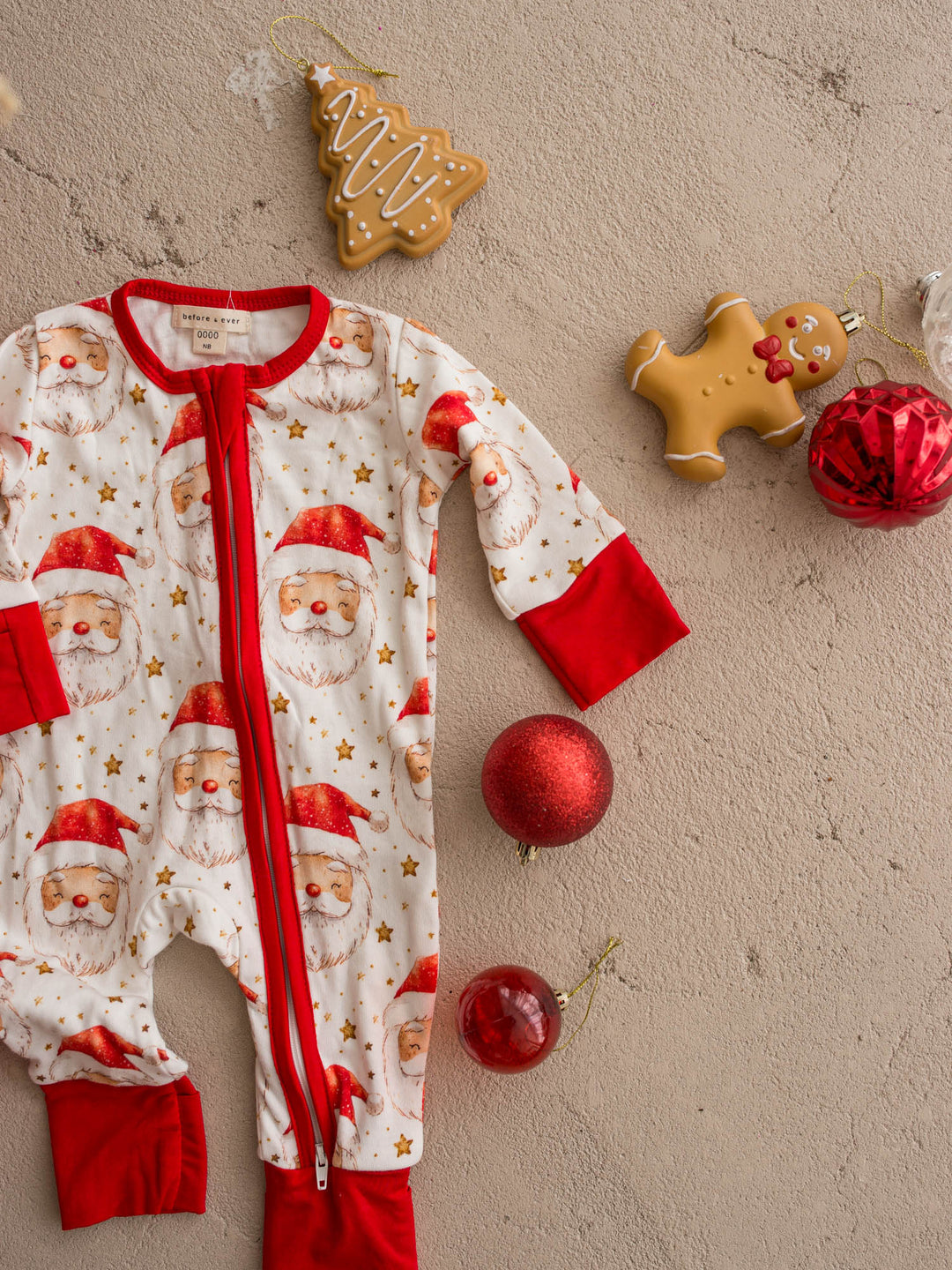 All I Wish Dear Santa baby onesie, watercolour Santa faces and gold stars on cream - Before & Ever Kids