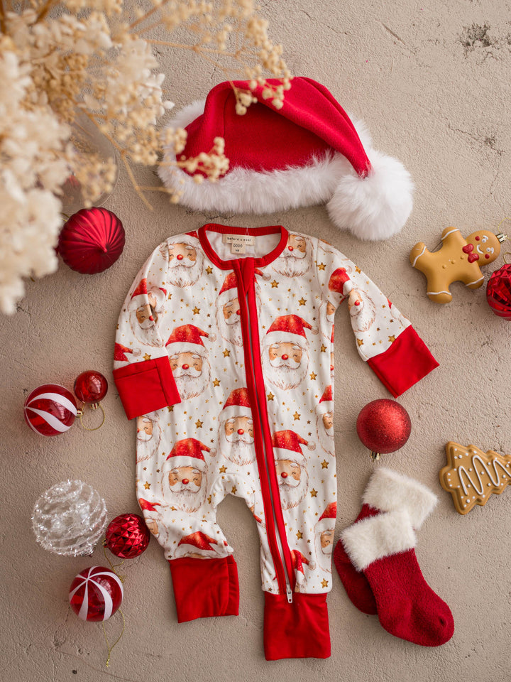 All I Wish Dear Santa baby onesie, watercolour Santa faces and gold stars on cream - Before & Ever Kids