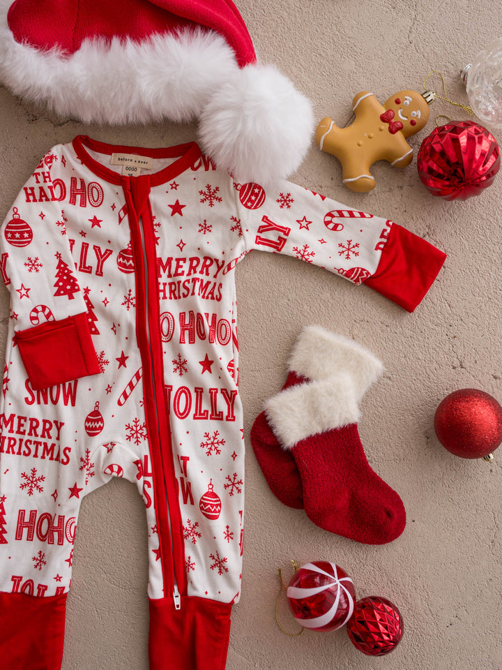 All I Wish Jolly baby onesie, red Christmas wording on cream with red cuffs - Before & Ever Kids
