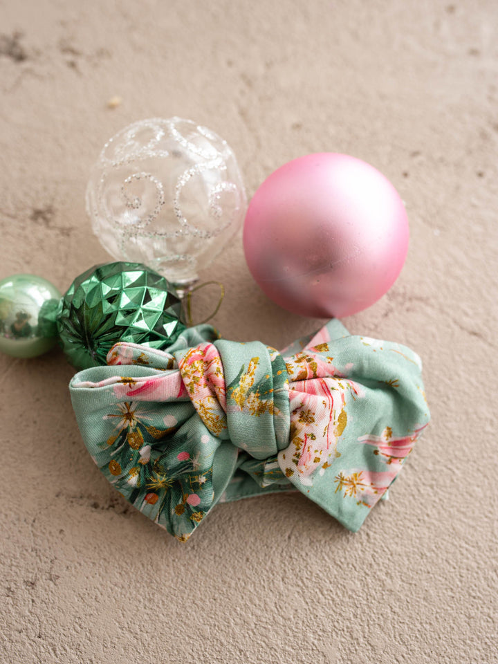 All I Wish Mint Pine baby onesie, pink and gold Christmas trees on mint with pink cuffs - Before & Ever Kids