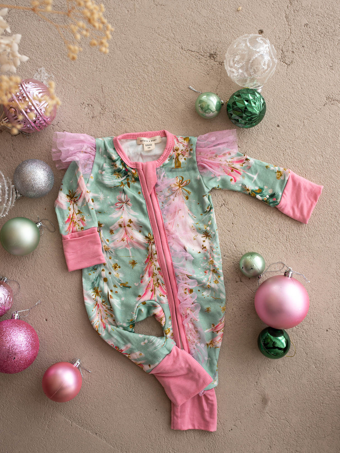 All I Wish Mint Pine baby onesie, pink and gold Christmas trees on mint with pink cuffs - Before & Ever Kids