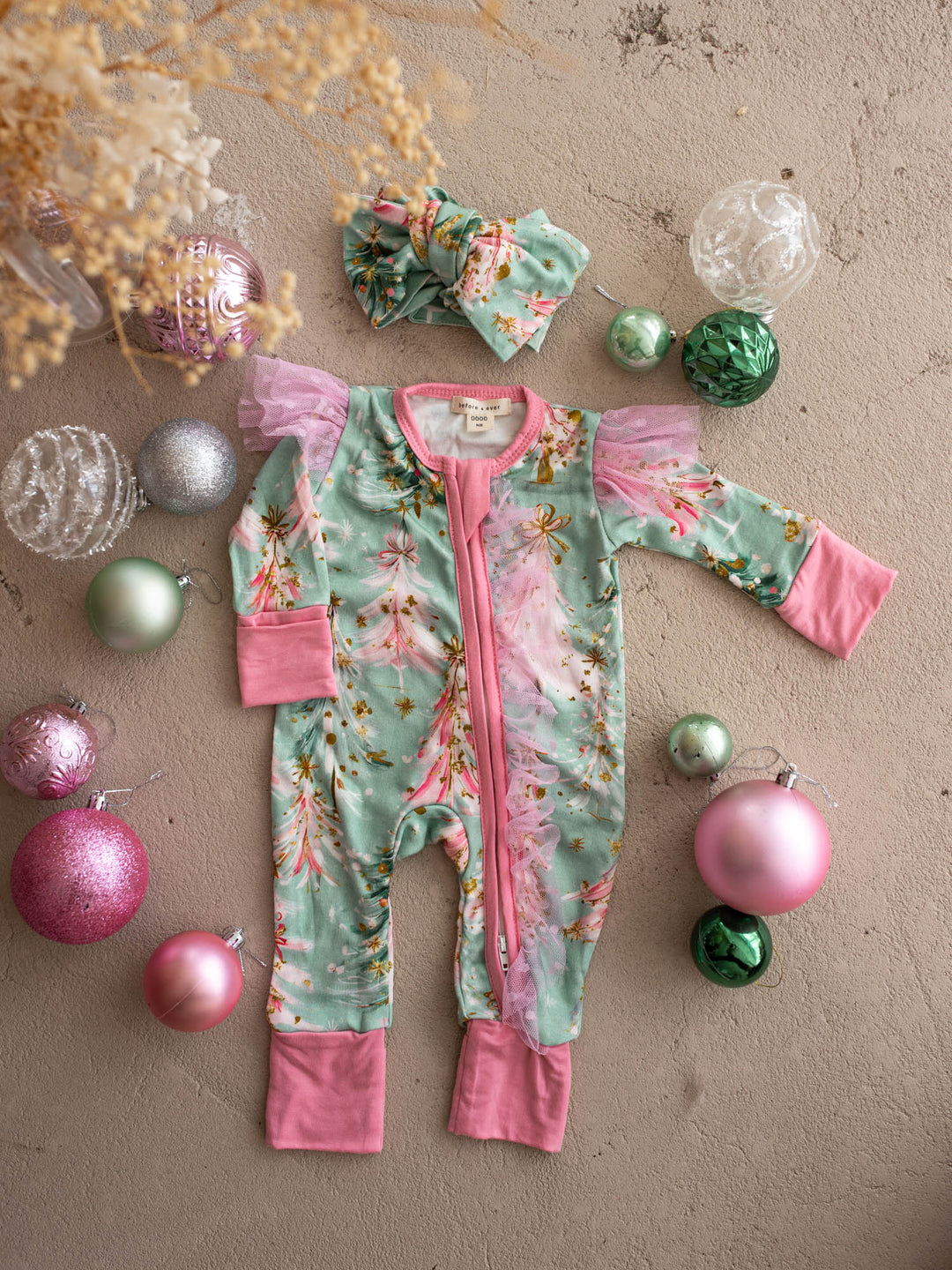 All I Wish Mint Pine baby onesie, pink and gold Christmas trees on mint with pink cuffs - Before & Ever Kids