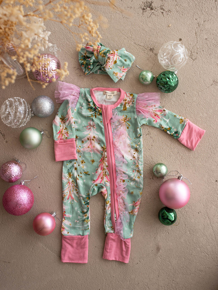 All I Wish Mint Pine baby onesie, pink and gold Christmas trees on mint with pink cuffs - Before & Ever Kids