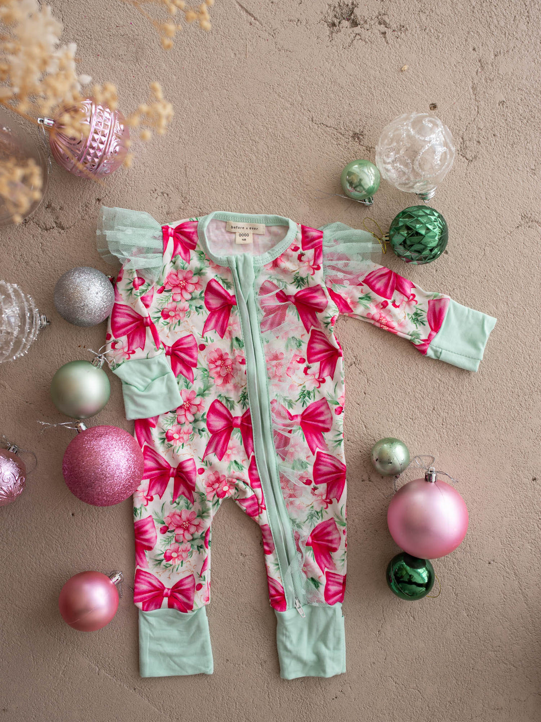 All I Wish Pink Bow baby onesie, magenta bows and pink florals with mint cuffs and tulle flutter sleeves - Before & Ever Kids