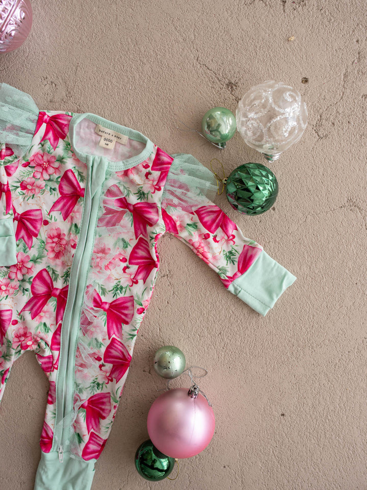 All I Wish Pink Bow baby onesie, magenta bows and pink florals with mint cuffs and tulle flutter sleeves - Before & Ever Kids