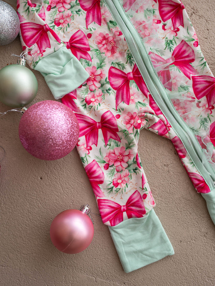 All I Wish Pink Bow baby onesie, magenta bows and pink florals with mint cuffs and tulle flutter sleeves - Before & Ever Kids
