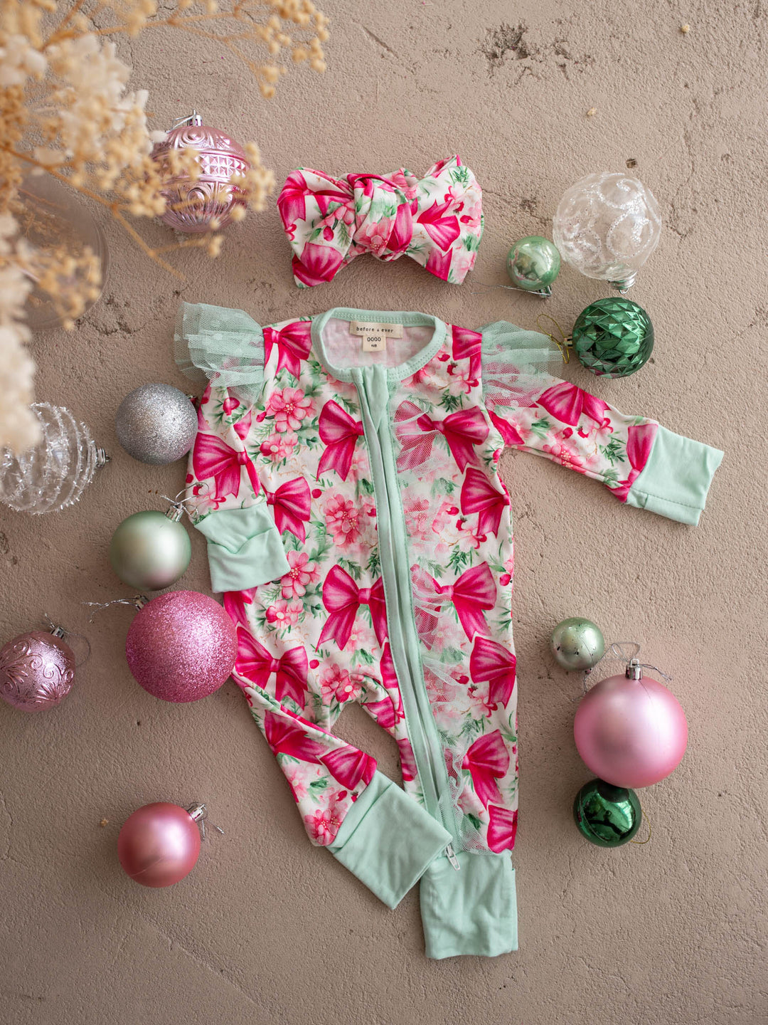 All I Wish Pink Bow baby onesie, magenta bows and pink florals with mint cuffs and tulle flutter sleeves - Before & Ever Kids