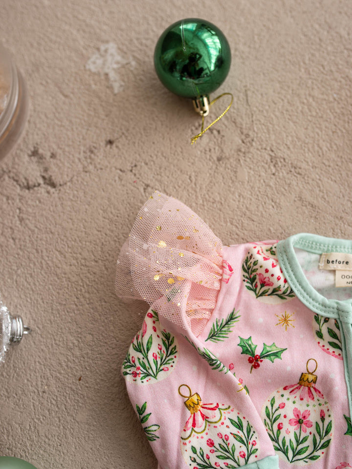 All I Wish Pink Holly baby onesie, holly, gold baubles and bows on pink with mint cuffs - Before & Ever Kids