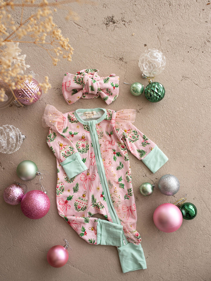 All I Wish Pink Holly baby onesie, holly, gold baubles and bows on pink with mint cuffs - Before & Ever Kids