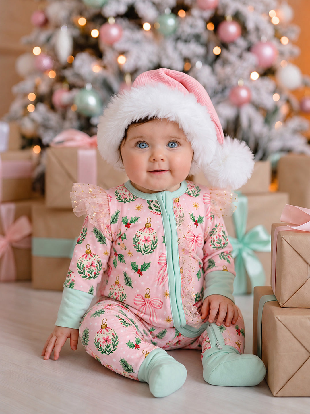 All I Wish Pink Holly baby onesie worn by a baby girl in a pink Santa hat, showing the holly, baubles and pink bow print with blush tulle flutter sleeves and mint cuffs - Before & Ever Kids