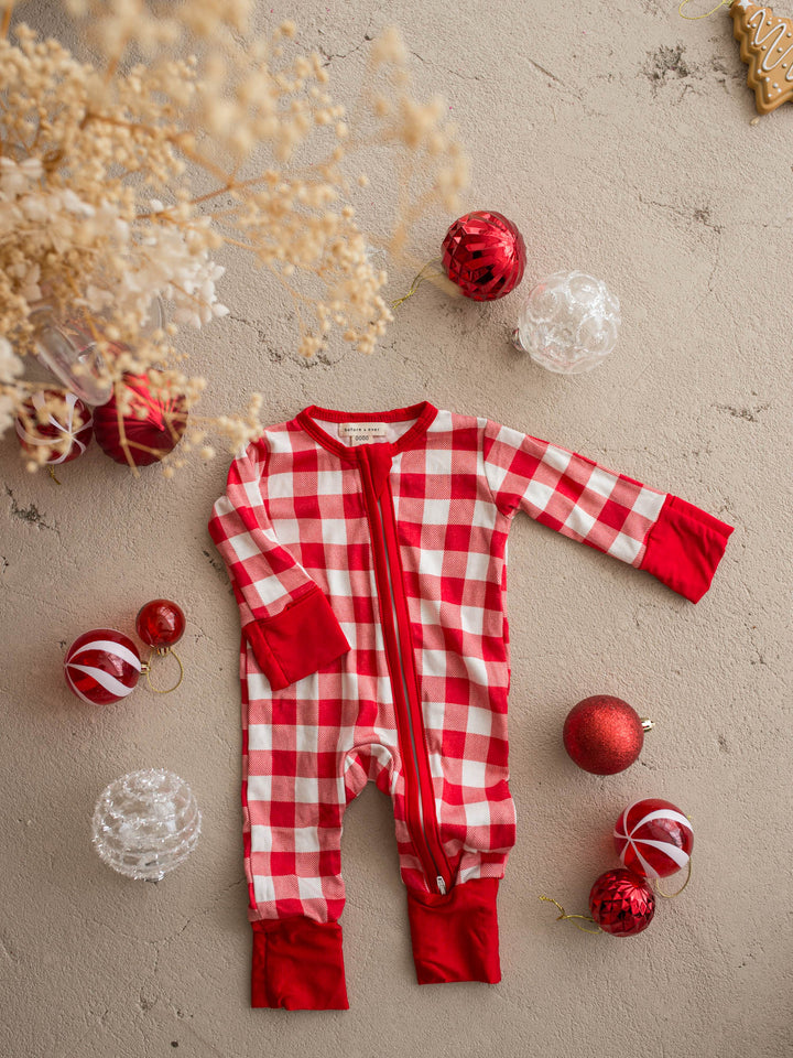 All I Wish red and white gingham baby onesie, long sleeve zip romper with red cuffs - Before & Ever Kids