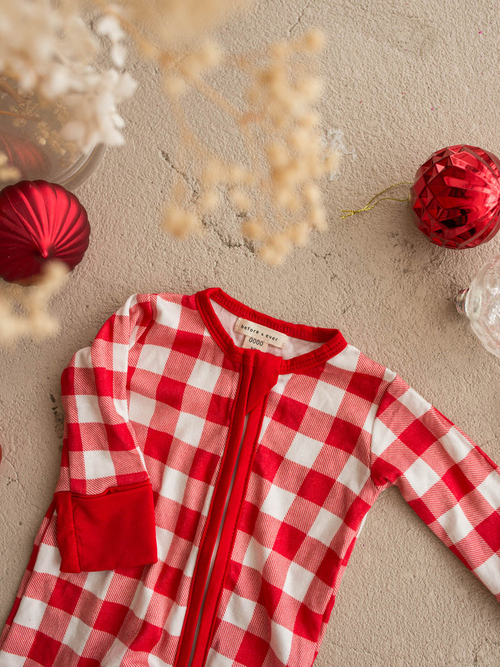 All I Wish red and white gingham baby onesie, long sleeve zip romper with red cuffs - Before & Ever Kids
