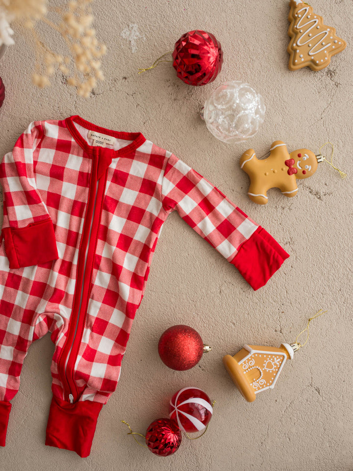All I Wish red and white gingham baby onesie, long sleeve zip romper with red cuffs - Before & Ever Kids