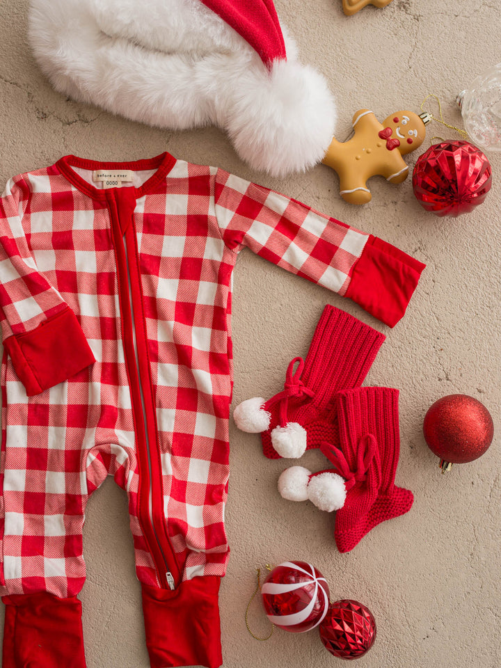 All I Wish red and white gingham baby onesie, long sleeve zip romper with red cuffs - Before & Ever Kids