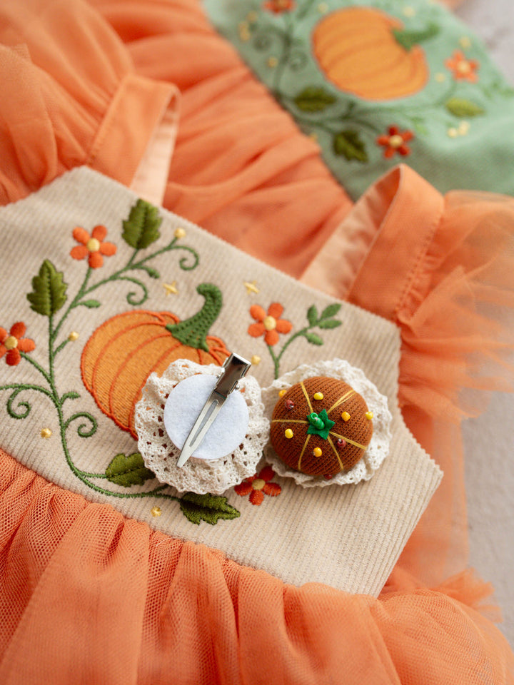 Baby Pumpkin cream lace hair clips with brown pumpkin buttons, pair - Before & Ever Kids