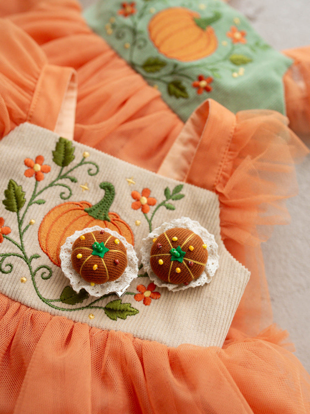 Baby Pumpkin cream lace hair clips with brown pumpkin buttons, pair - Before & Ever Kids