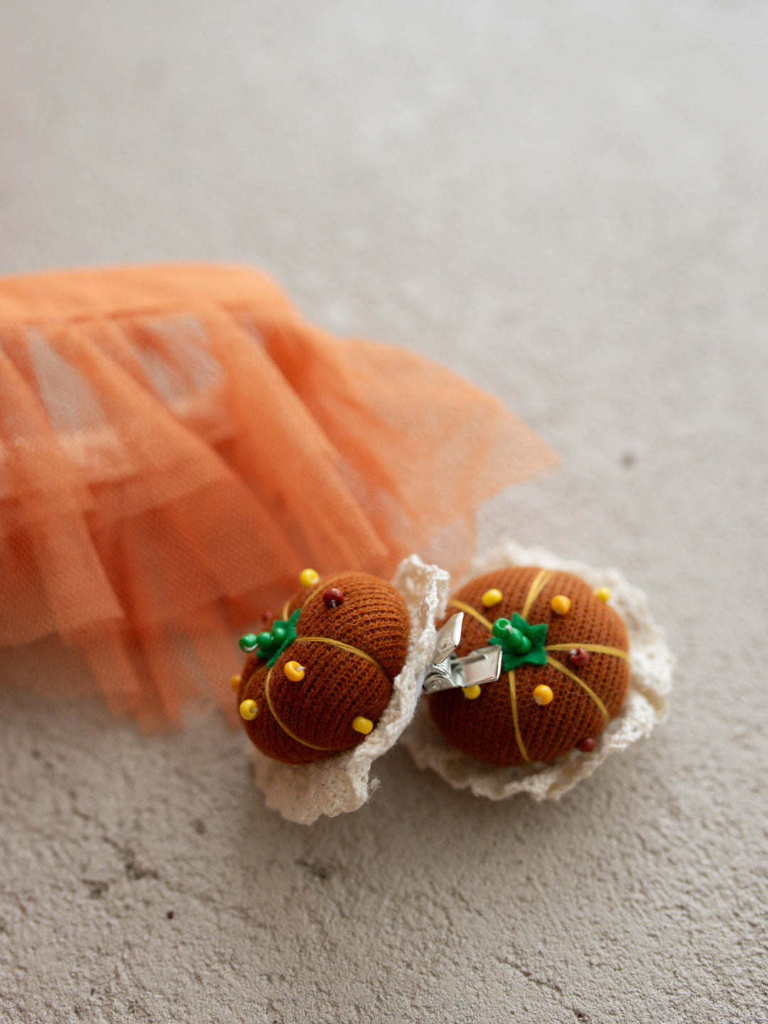 Baby Pumpkin cream lace hair clips with brown pumpkin buttons, pair - Before & Ever Kids