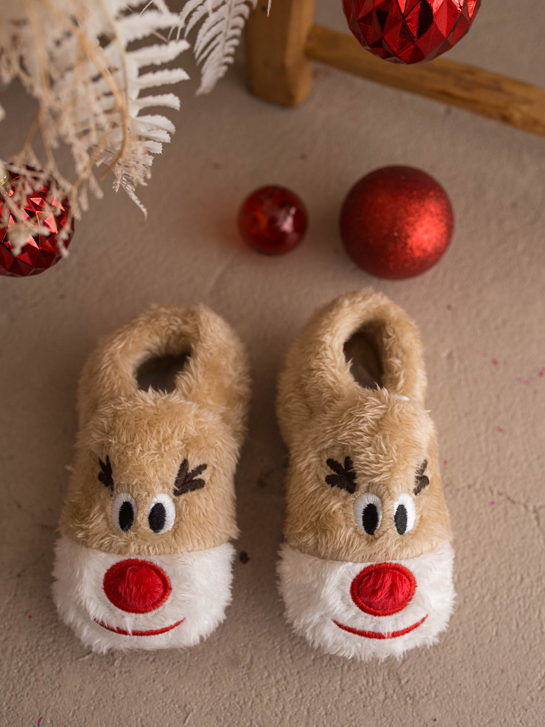 Baby Rudolph Slippers tan fluffy reindeer slippers, pair, with red baubles - Before & Ever Kids