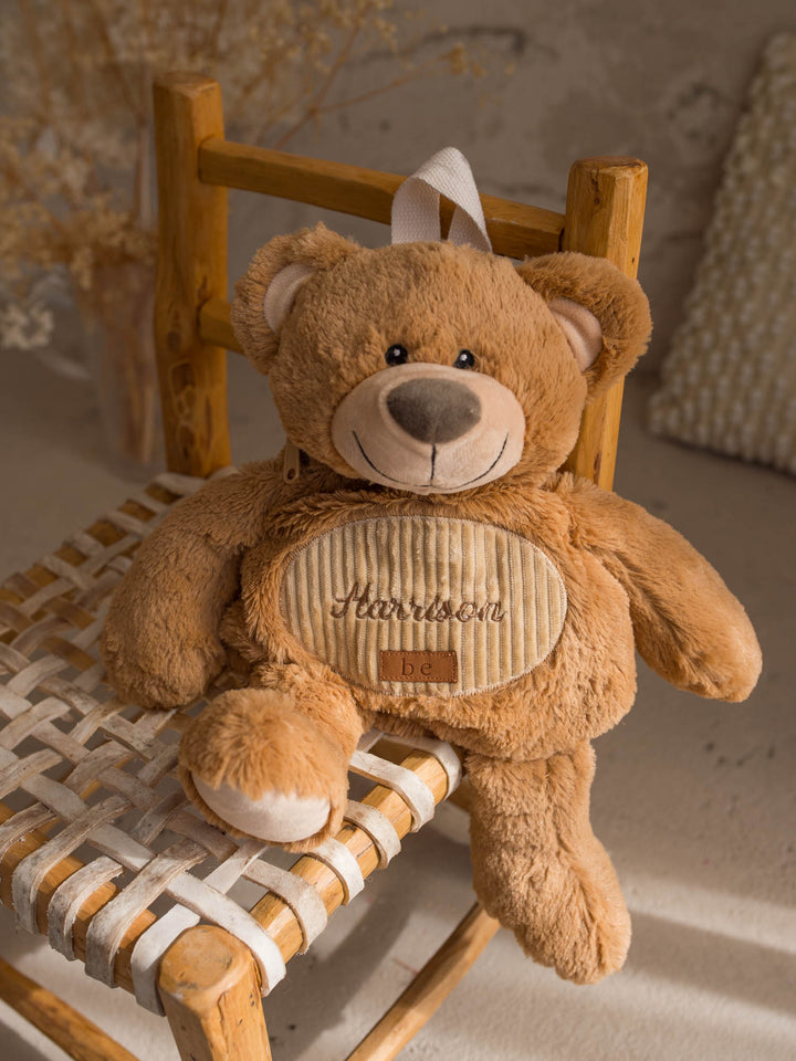 Beau the Bear personalised plush backpack for kids, plush bear sidekick backpack sitting on a chair - Before & Ever Kids