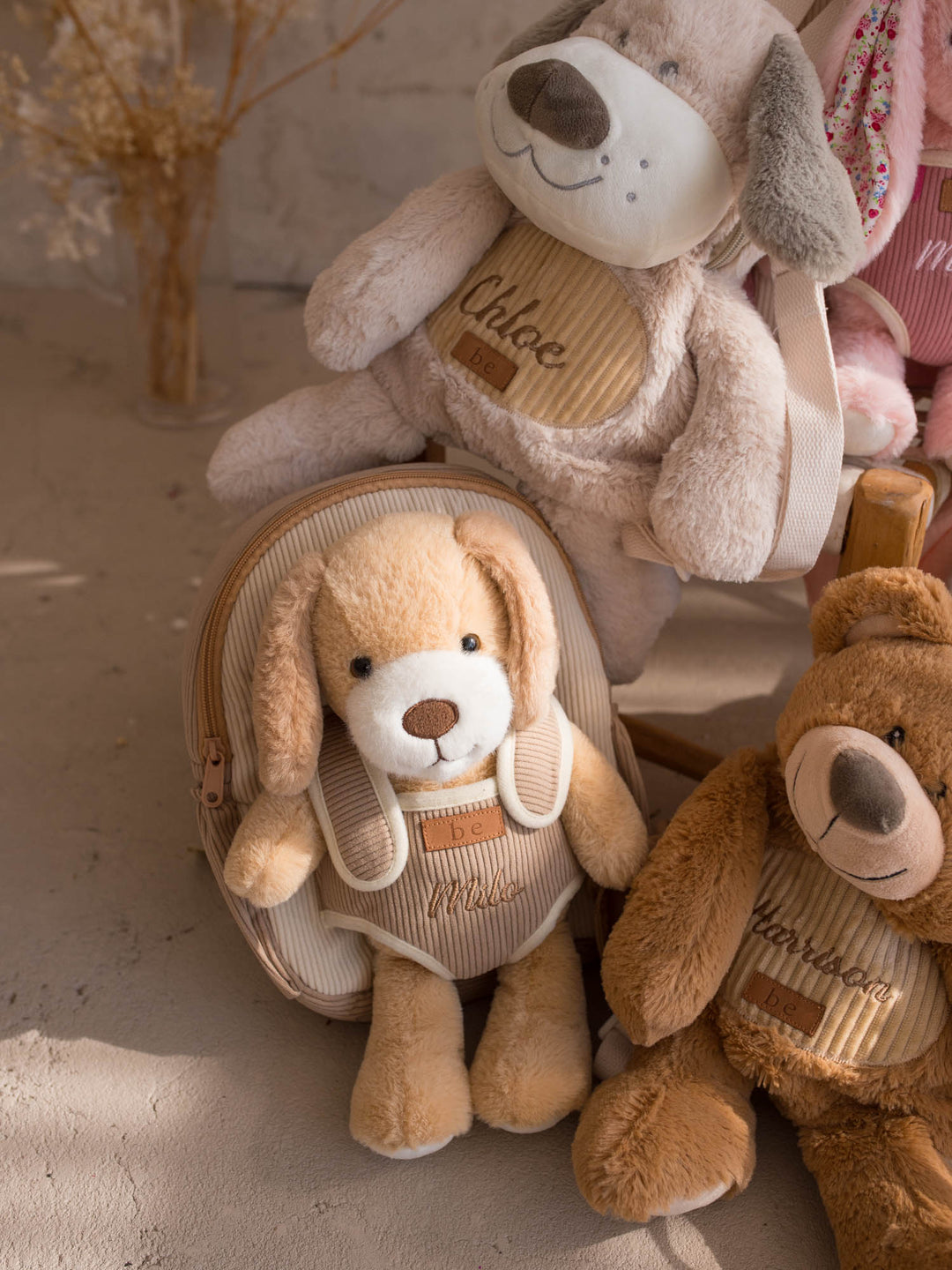 Beau the Bear personalised plush backpack for kids, Little BFF backpacks together on a chair - Before & Ever Kids